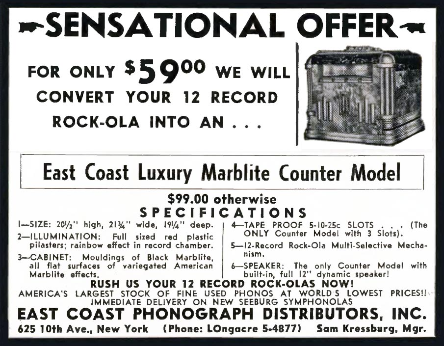 Rock-Ola Jukebox Musikbox Counter marblite East Coast Phonograph Distributors