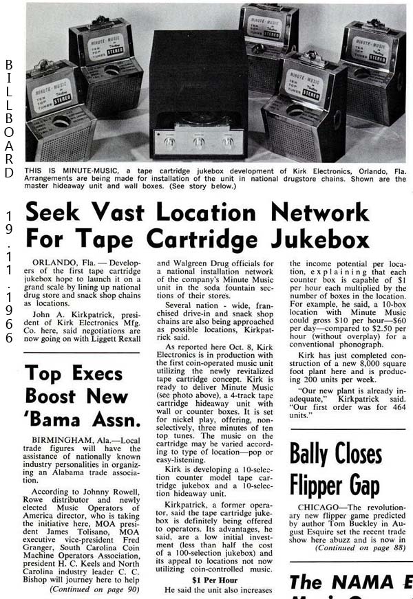 Kirk Electronics Minute Music Tape 4-track Phonograph Jukebox