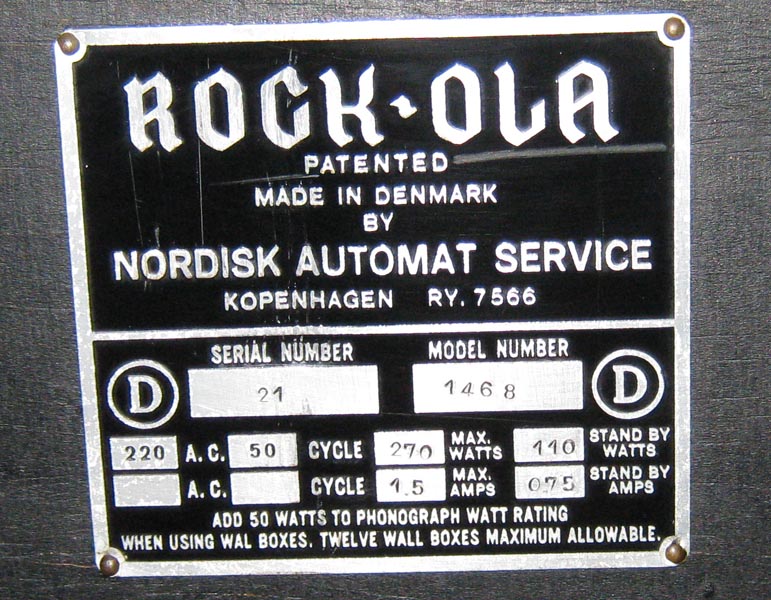 Nordisk Automat Service Rock-ola 1468 Juke Box