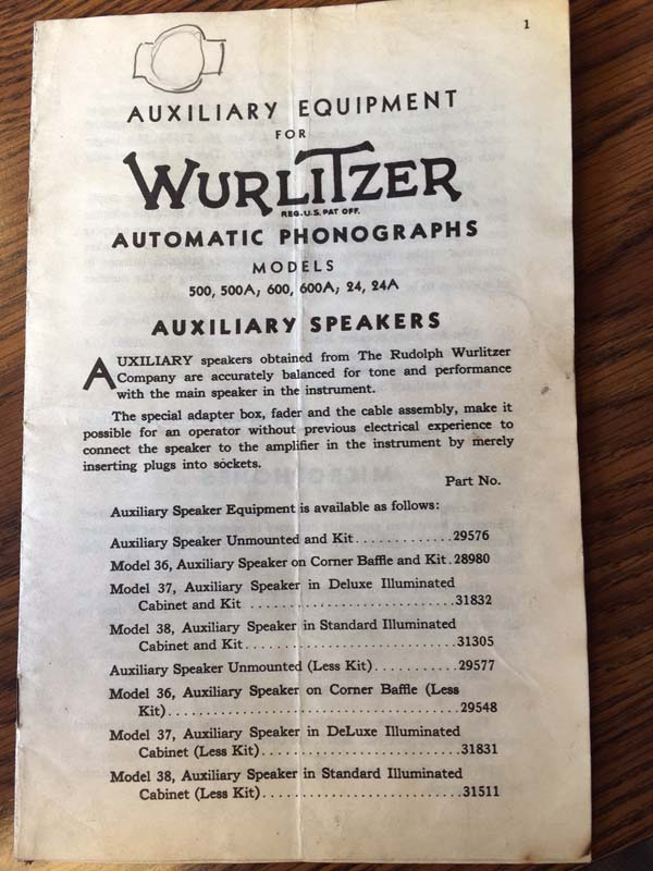 Wurlitzer Auxiliary Speakers 36, 37, 38
